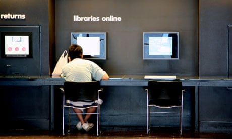 Internet user in public library, London, England