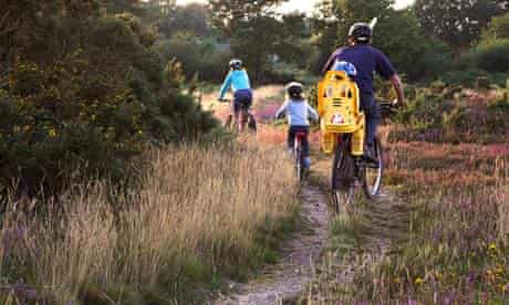 Family cycling along heathland tracks in Dorset