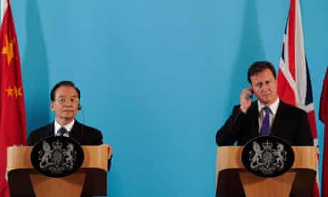 China's premier Wen Jiabao attends a joint press conference with David Cameron