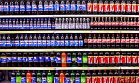 Soft drinks on supermarket shelf