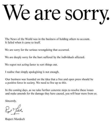 Rupert Murdoch says 'sorry' in advertisement