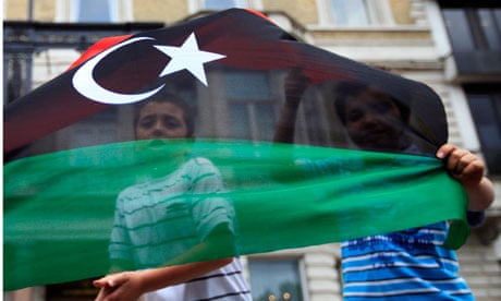 Libyan Embassy, flag and protesters, London