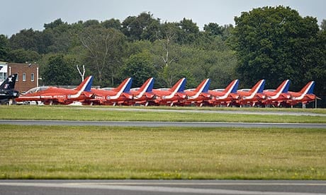 Red Arrows aircraft at Bournemouth airport in Dorset.