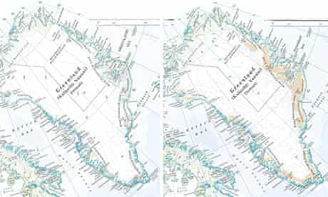 Maps of Greenland in the Times Comprehensive Atlas Of The World in its 1999 (l) and 2011 editions. 