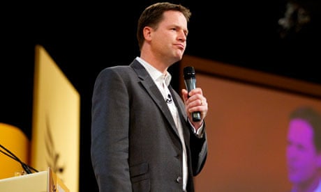 Nick Clegg on stage at the party conference