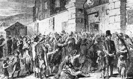 Starving peasants clamour at the gates of a workhouse during the Irish potato famine.