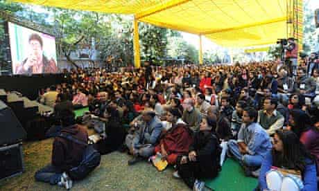 Visitors listen to the Indian poet Prasoon Joshi during the Jaipur Literature Festival