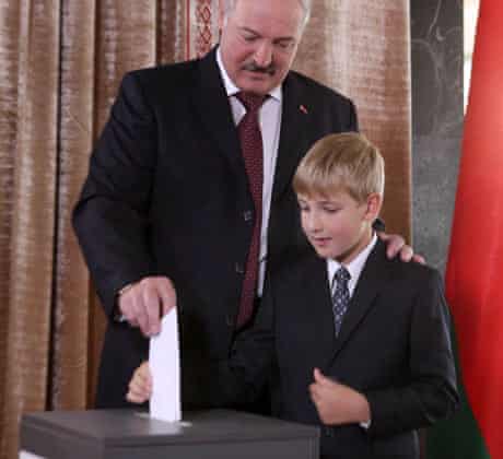 Alexander Lukashenko and his son Nikolay voting, September 2012
