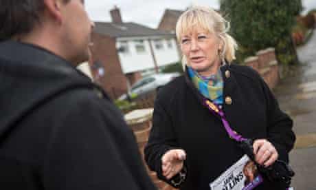 Ukip candidate Jane Collins campaigning in the Rotherham byelection, talking with Robert Miles.