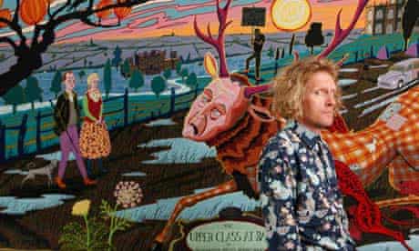 Grayson Perry with The Upper Class at Bay from his tapestry sequence The Vanity of Small Differences
