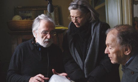 Michael Haneke on the set of Amour with Jean-Louis Trintignant and Emmanuelle Riva