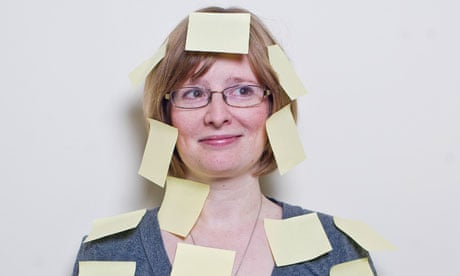 Lucy Mangan covered in Post-it Notes