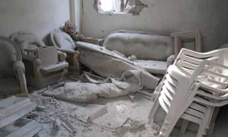 The interior of a house damaged by Syrian army shelling in Baba Amr in Homs