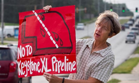 A protester objects to the Keystone XL pipeline