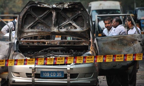 The car in which the wife of an Israeli diplomat was injured in a bomb explosion in Delhi