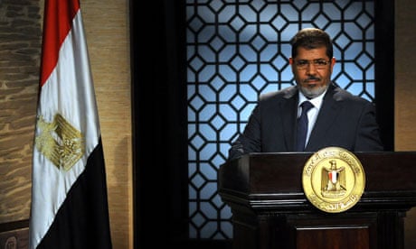 Mohamed Morsi makes his first televised speech to the Egyptian people, at a studio in Cairo.
