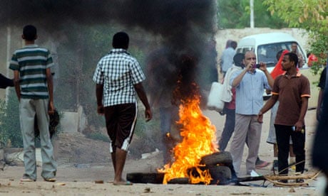 A citizen journalism photograph said to be of tyres burning during a protest in Khartoum, Sudan.