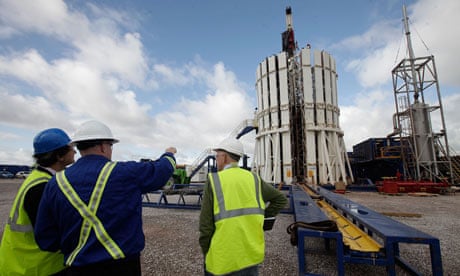 Engineers look at the Cuadrilla shale fracking facility in Preston, Lancashire