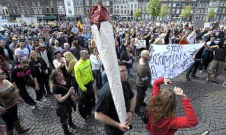 Protesters against the 'weed pass' law in Maastricht earlier this year.
