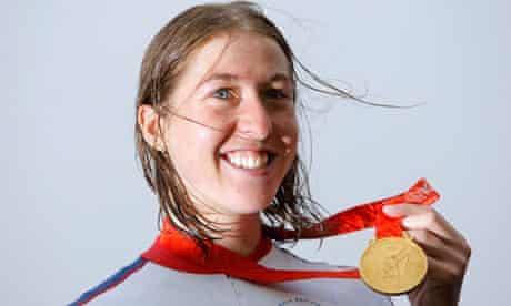 Nicole Cooke with her gold medal in Beijing.