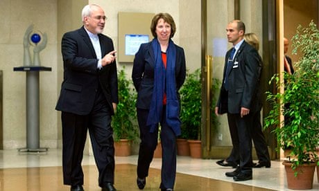 Catherine Ashton and Mohammad Javad Zarif talk and talk together at the UN in Geneva
