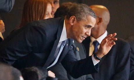 Barack Obama at the memorial service for Nelson Mandela