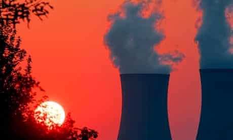 The sun sets on the cooling towers of a nuclear power station in Limerick, Pennsylvania.