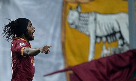 Roma's Gervinho celebrates after scoring against Juventus 