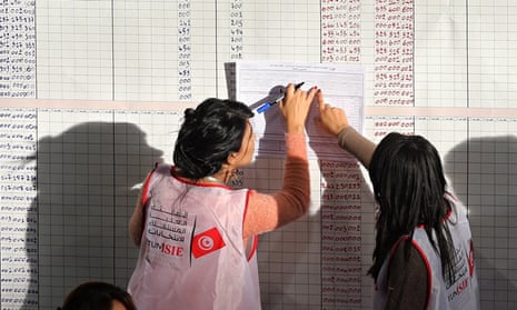 Tunisian electoral officials at a vote-counting centre in Tunis.