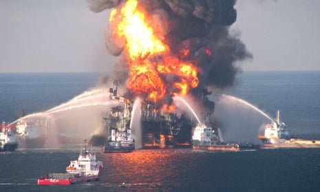 Boat response crews battling the blazing remnants of the offshore oil rig Deepwater Horizon