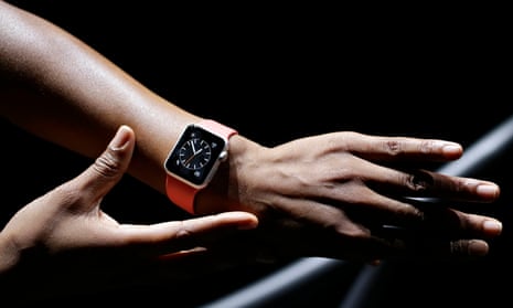 The Apple Watch worn by a model on a treadmill at the product launch in California in September 2014