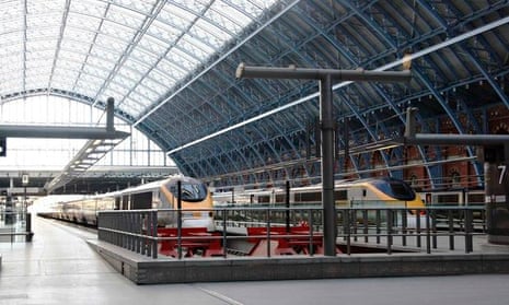 Eurostar trains wait at empty platforms at St Pancras station in London