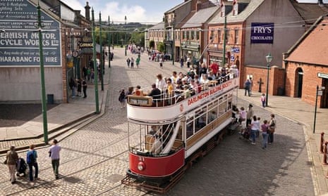 Street with tram at Beamish museum in County Durham