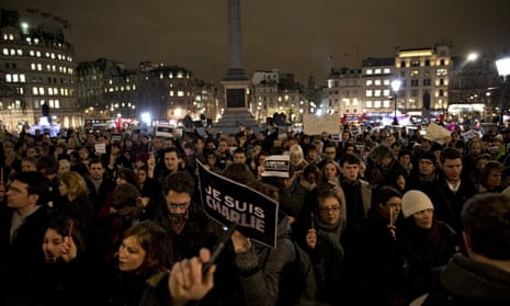 A vigil in Trafalgar Square to show solidarity with the victims of the attack on Charlie Hebdo.