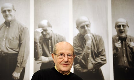 Manoel de Oliveira in front of a montage announcing an exhibition of his work in 2009 in Berlin