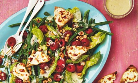 Thomasina Miers' green bean and raspberry salad with buttermilk, grilled goat's cheese and sumac