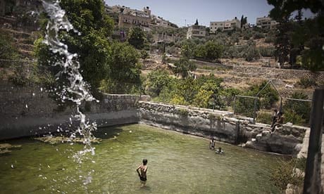 Palestinian children swim in the ancient spring in the West Bank village of Battir 