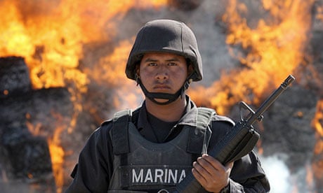 The Mexican navy guard the burning of tonnes of marijuana in Sinaloa state