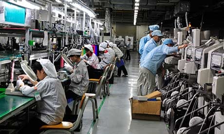 A Foxconn factory in Shenzhen. The workers are only allowed to sit down if they perch on the seat