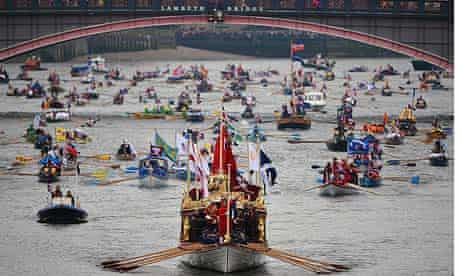 The royal shallop Jubilant leading a flotilla of 1,000 boats in the jubilee Thames river pageant. 