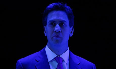 Labour Party leader Ed Miliband under stage lighting at the party's annual conference in Manchester