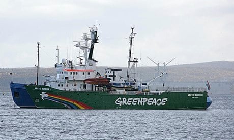 The Greenpeace ship Arctic Sunrise being towed into Murmansk after Russian coastguards stormed it