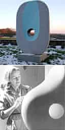 Barbara Hepworth's Pierced Monolith with Colour and the sculptor at work