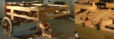 A working model of a clockwork car designed by Leonardo da Vinci