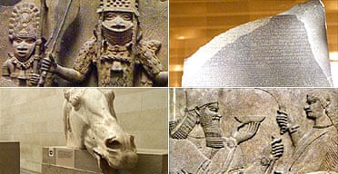 British Museum treasures: one of the Benin bronzes, the Rosetta Stone, Assyrian palace reliefs and the Parthenon Marbles