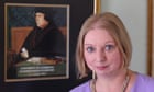 Hilary Mantel in front of a painting of Thomas Cromwell