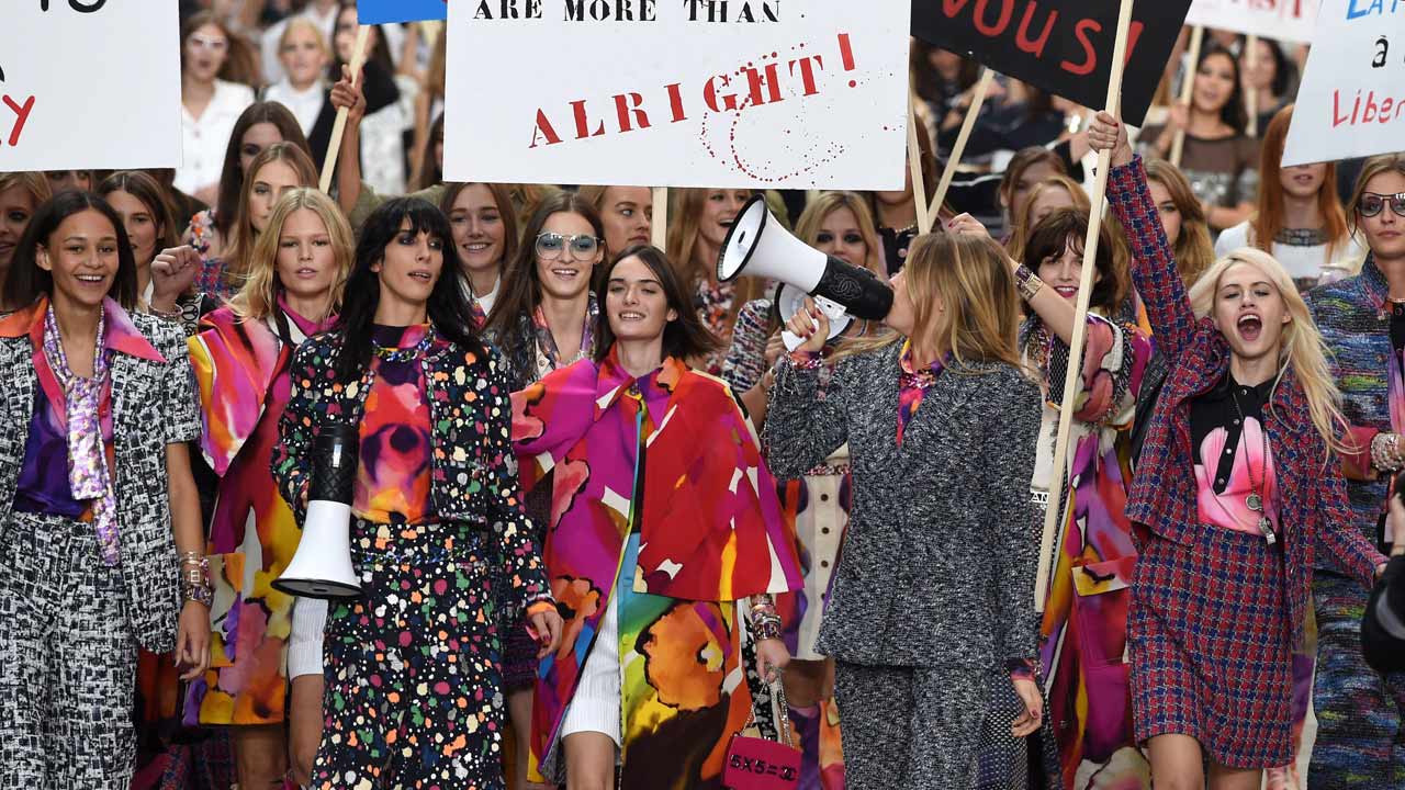 Chanel's Karl Lagerfeld turns the Grand Palais into a feminist protest-  video, Fashion