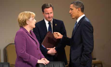 David Cameron with Angela Merkel and Barack Obama at the G8 summit in Canada