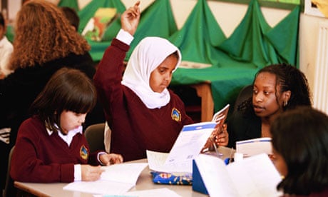 Ethnic minority pupils during an English lesson at a primary school in Southall, London.