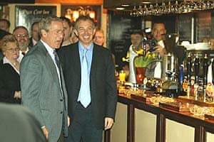 George Bush and Tony Blair at the Dun Cow pub in Sedgefield, County Durham